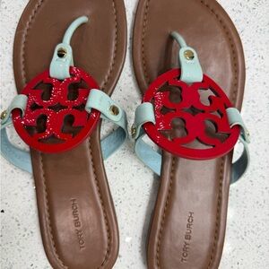 Tory Burch Red and Tan Sandals with Blue Accents